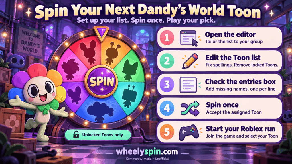 Five steps for using a Dandy’s World Toon Wheel, from editing unlocked Toons to spinning once and playing the selected character.