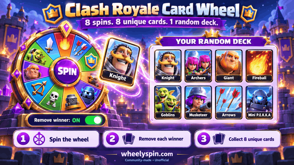 Clash Royale card wheel showing how eight spins with Remove winner enabled create a random deck of eight unique cards.
