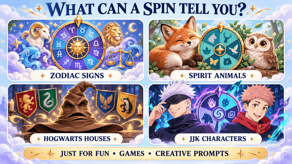 Zodiac, spirit animal, Hogwarts house, and JJK character wheels for games and creative prompts, Personality wheel from a fan