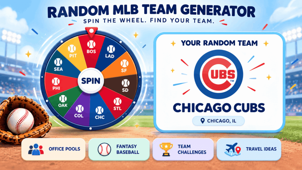 Random MLB team generator with a colorful spinning wheel, Chicago Cubs result card, and baseball stadium background.